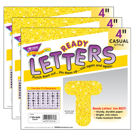 TREND ENTERPRISES Yellow Sparkle 4" Casual Uppercase Ready Letters®, 71 Per Pack, PK3 T1616